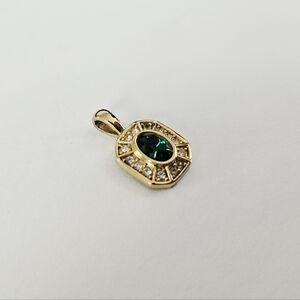 Vintage Art Deco Octagon Green Rhinestone Delicate Gold Tone Halo Pendant Charm